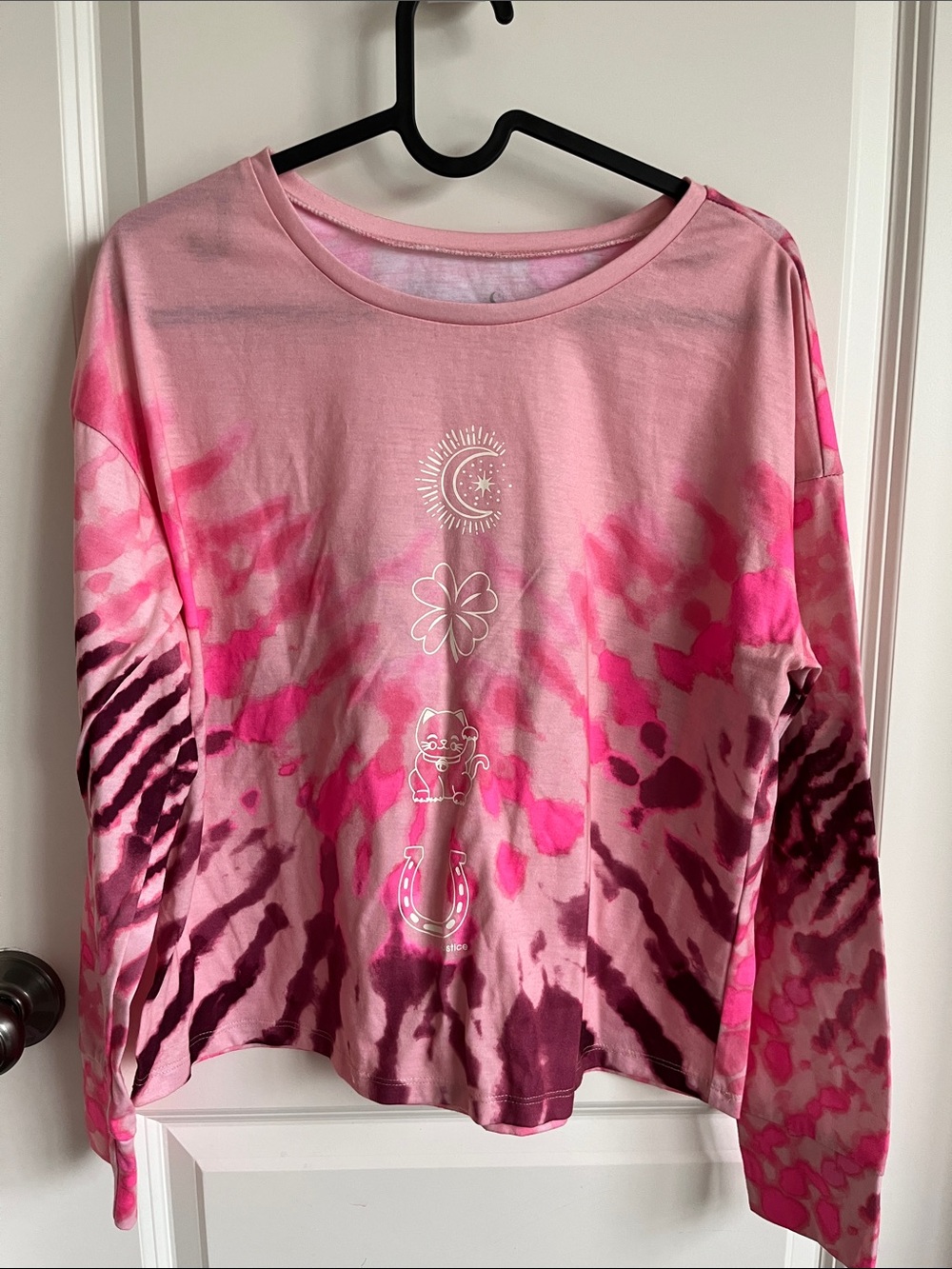 Justice Pink Tie-Dye Long Sleeve Top with Lucky Charm Icons